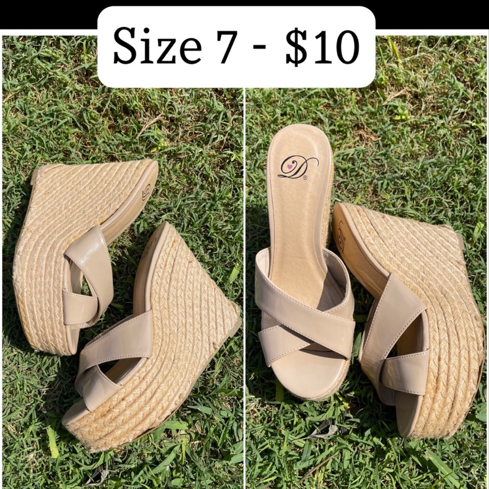 Patent tan espadrille wedges